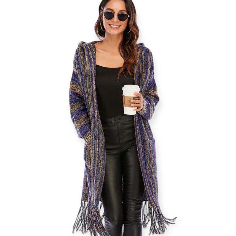 Multicolor Open Front Pockets Fringe Knitwear Cardigan Sweater Jacket NEW